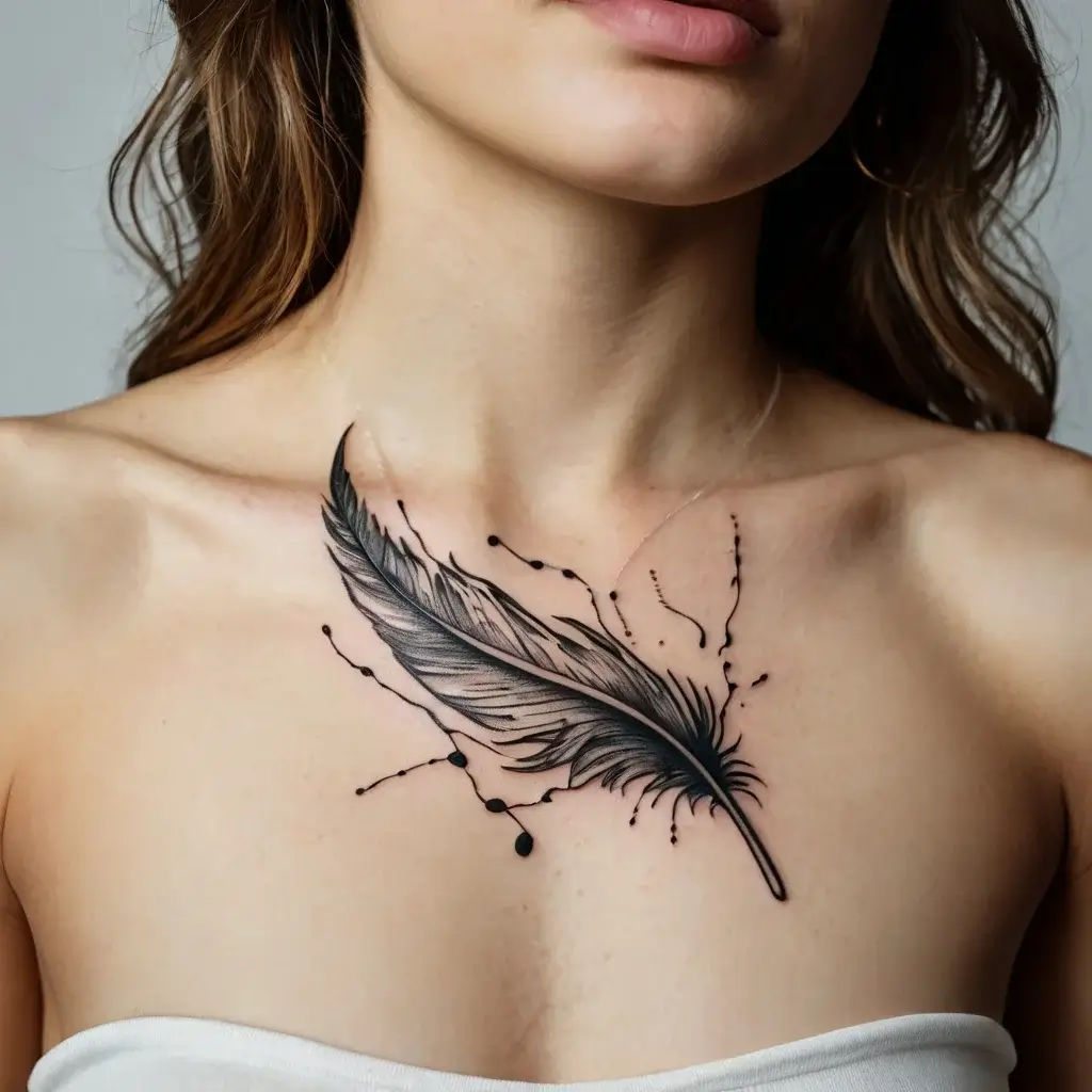 A delicate black feather tattoo on the chest, with ink splatter accents, symbolizing freedom and creativity.