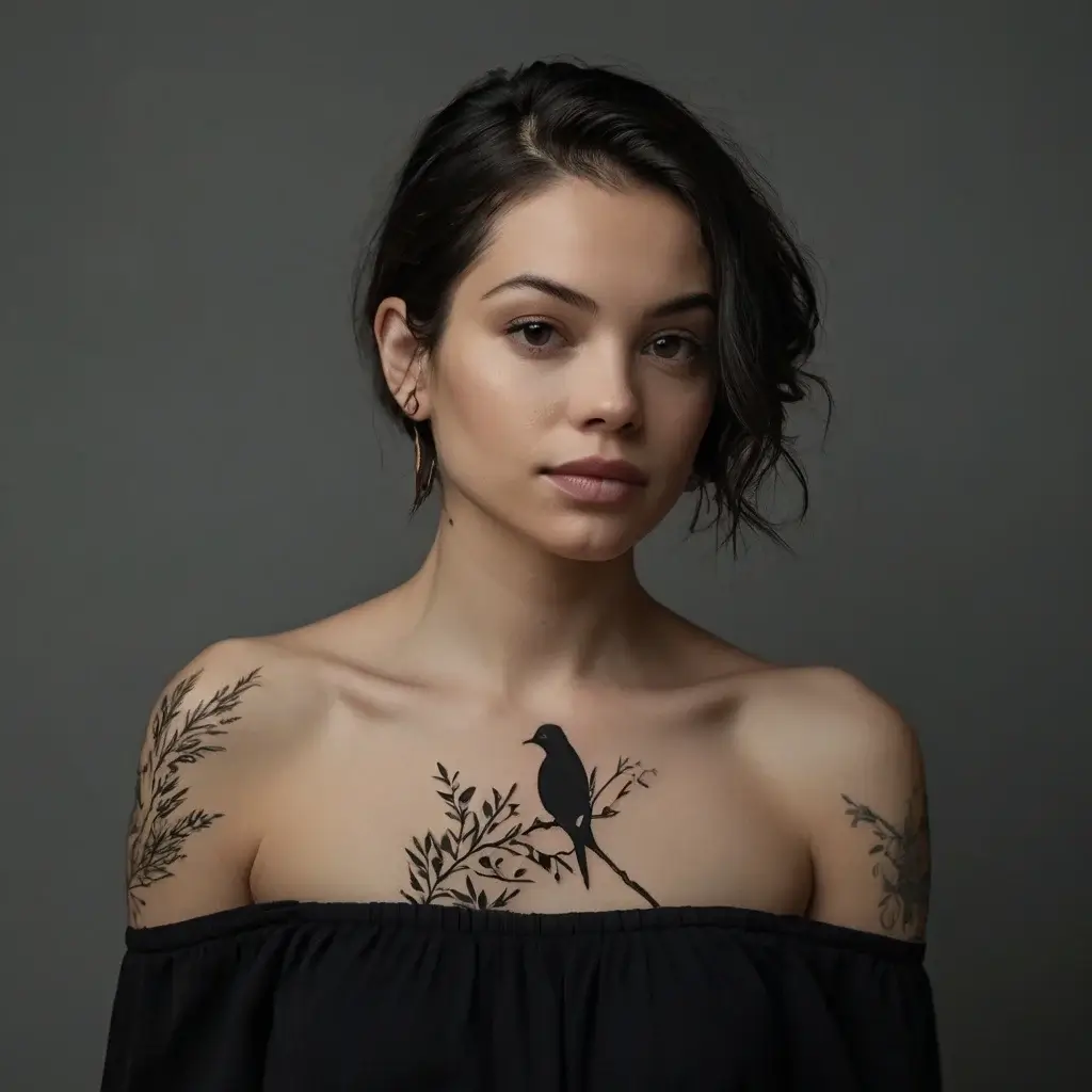 A black ink tattoo of a bird on a branch spans the chest, complemented by delicate foliage on both shoulders.