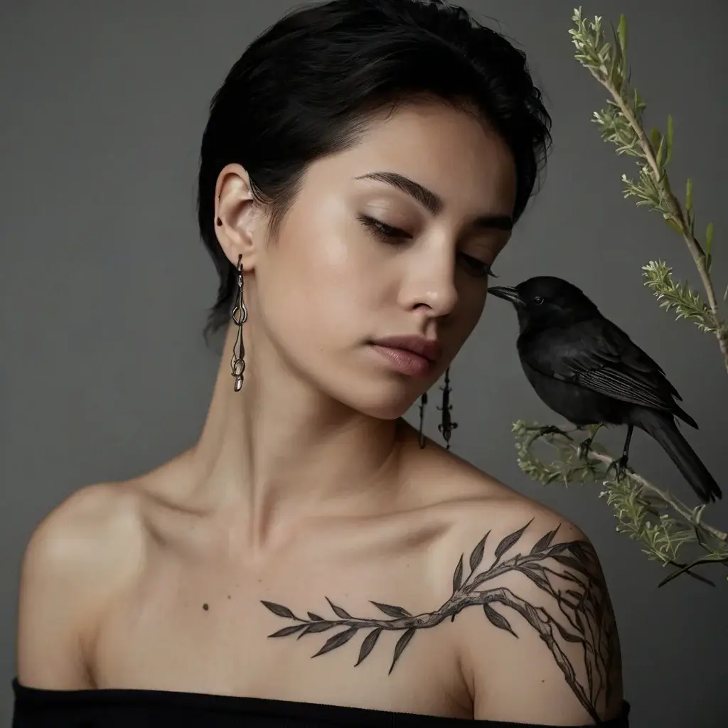 Tattoo of a delicate black ink branch with leaves, gracefully extending across the shoulder and upper arm.