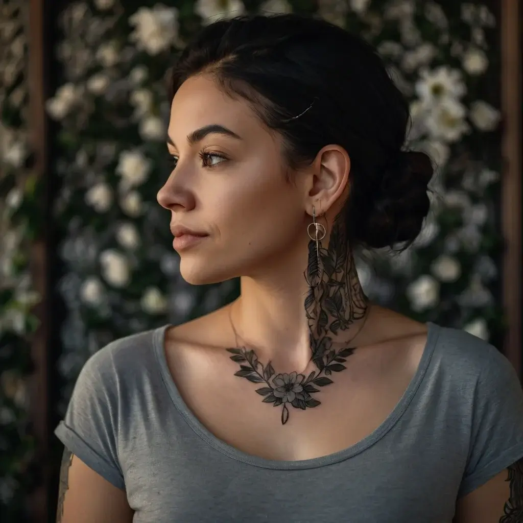 Floral tattoo design with detailed petals on the neck and leafy vines extending down the side of the neck.