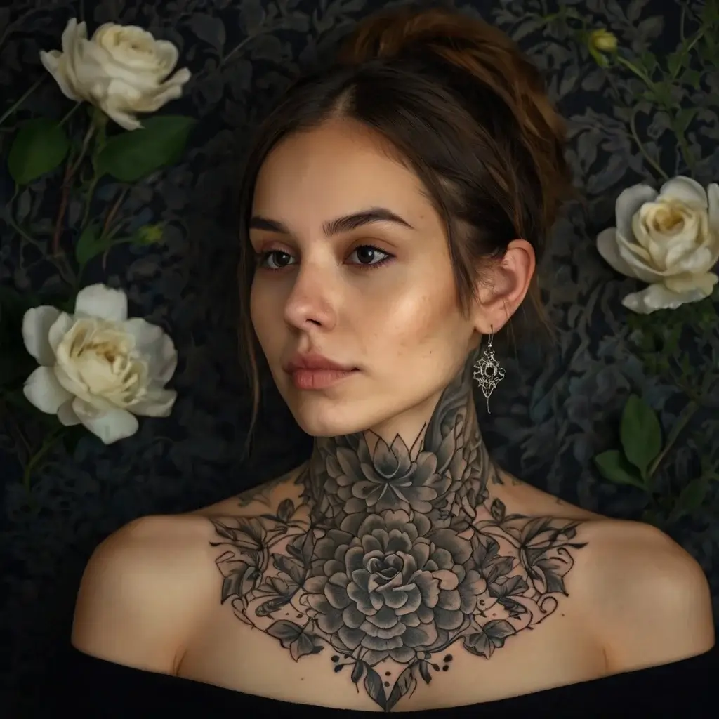 Neck tattoo with intricate floral mandala design, featuring shaded petals and delicate vine details.