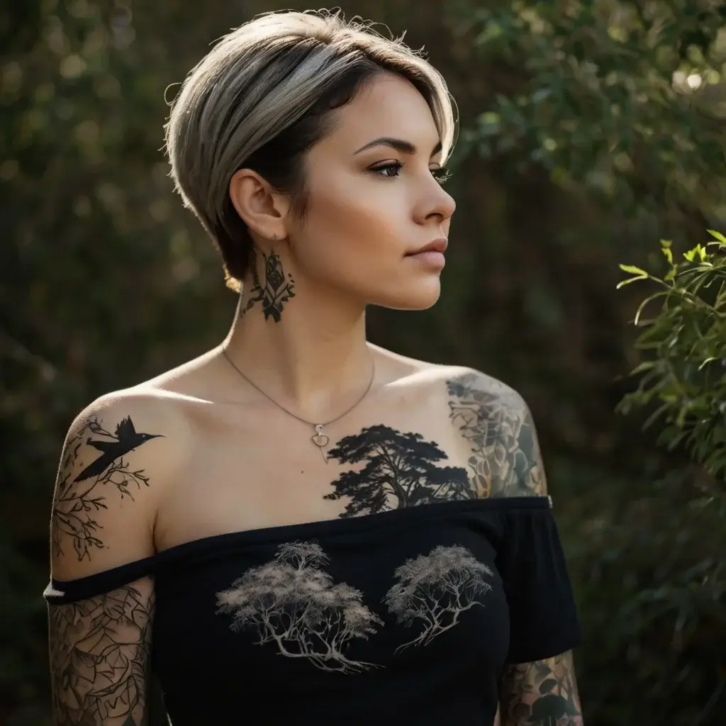 Woman with detailed nature tattoos: birds on shoulder, intricate foliage on arms, and tree silhouette on chest and neck.