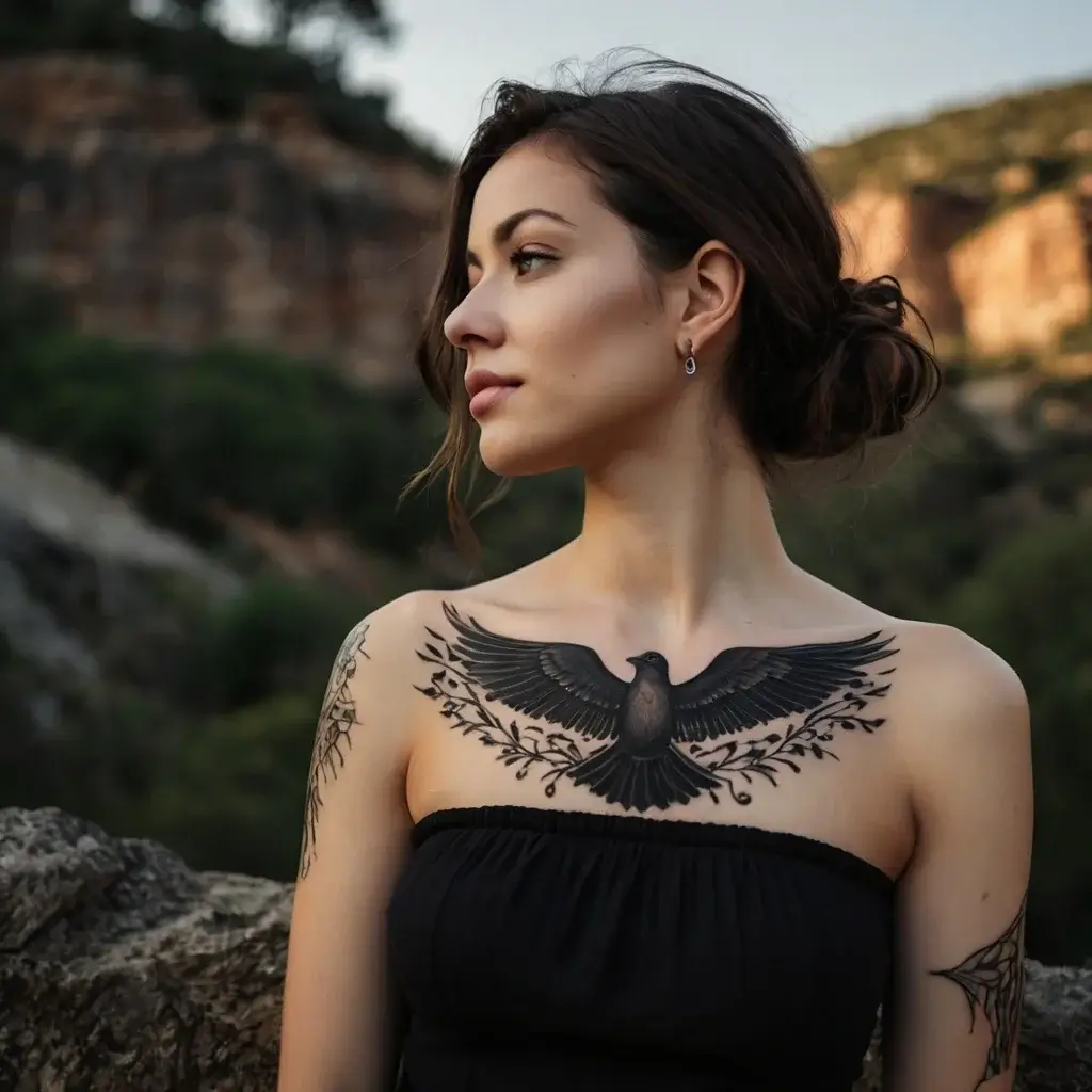 Chest tattoo of a black bird with wings spread, framed by delicate branches, symbolizing freedom and nature.