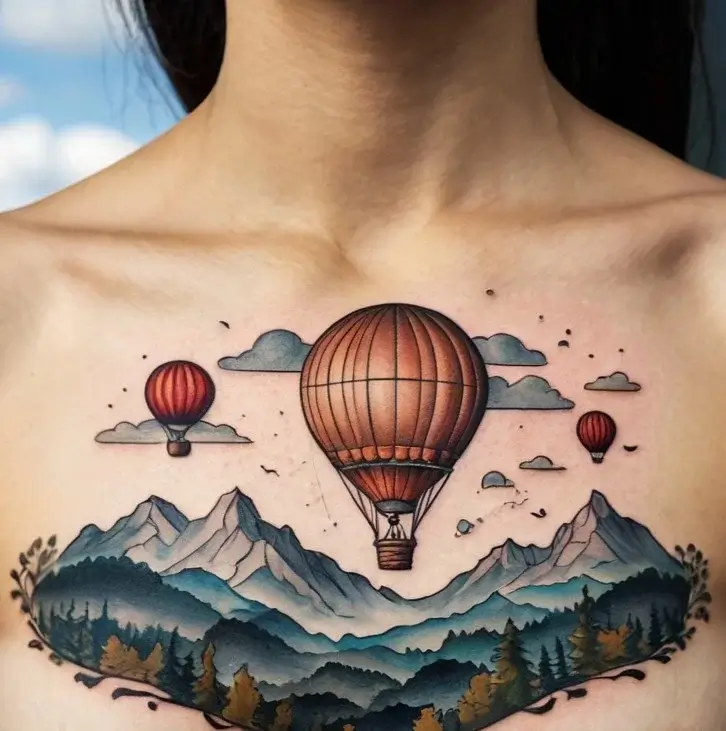 Chest tattoo of hot air balloons over mountains, surrounded by clouds, trees, and birds, in a vibrant landscape scene.