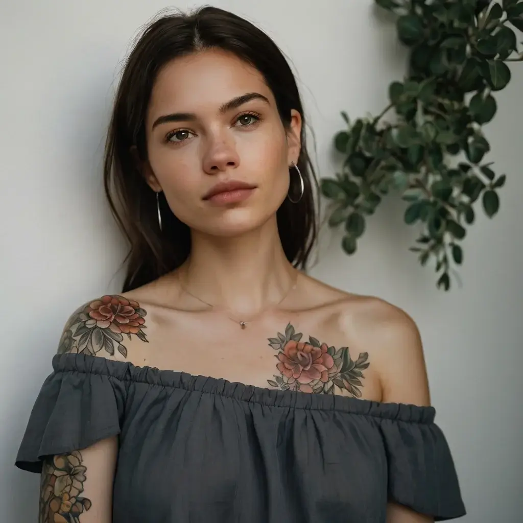 Tattoo of two detailed roses in earthy tones on shoulder and upper chest, with green leaves accentuating the floral design.