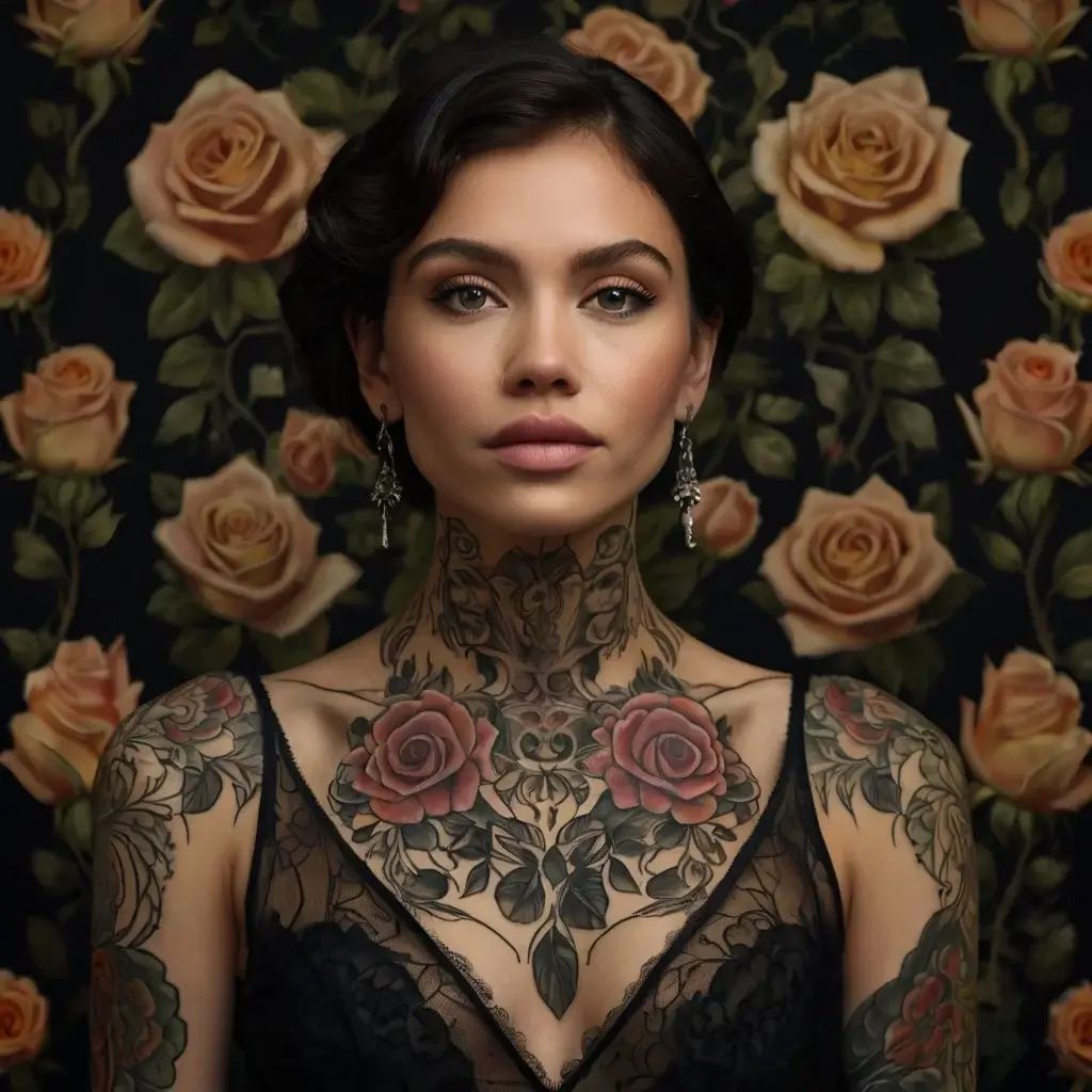 Portrait showing intricate rose tattoos on neck and shoulders, blending with a floral background for a seamless effect.