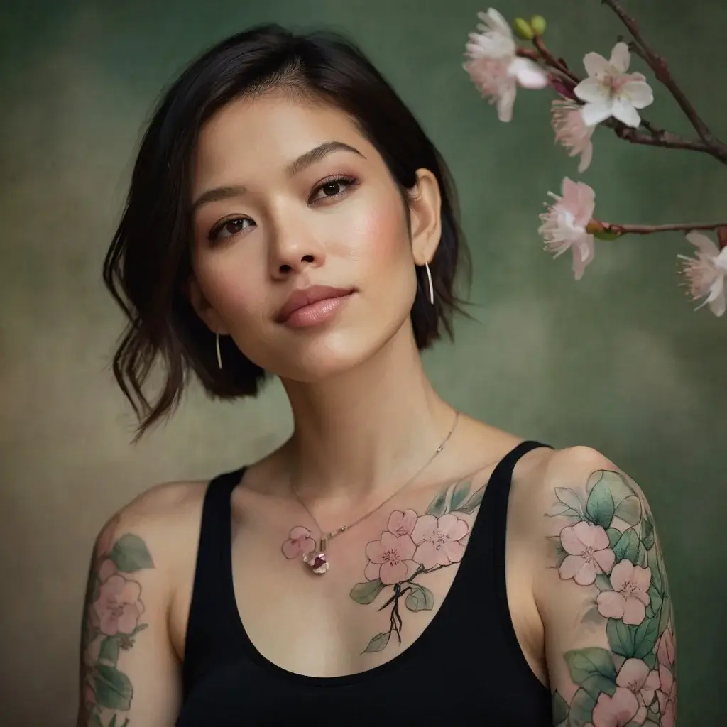 Tattoo of delicate cherry blossoms with green leaves on the shoulder, symbolizing beauty and renewal.