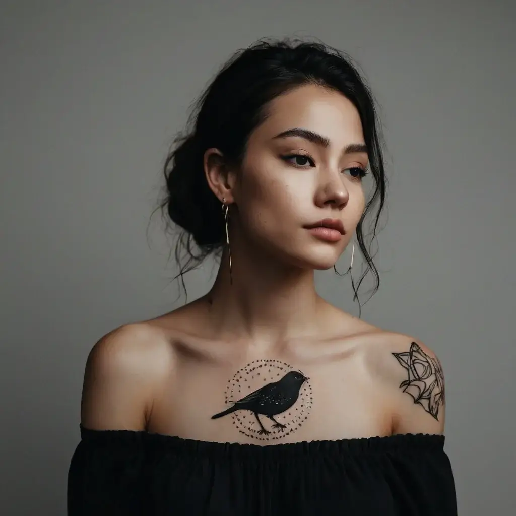 A black bird tattoo on the chest with dotted circle details and a geometric floral design on the shoulder.