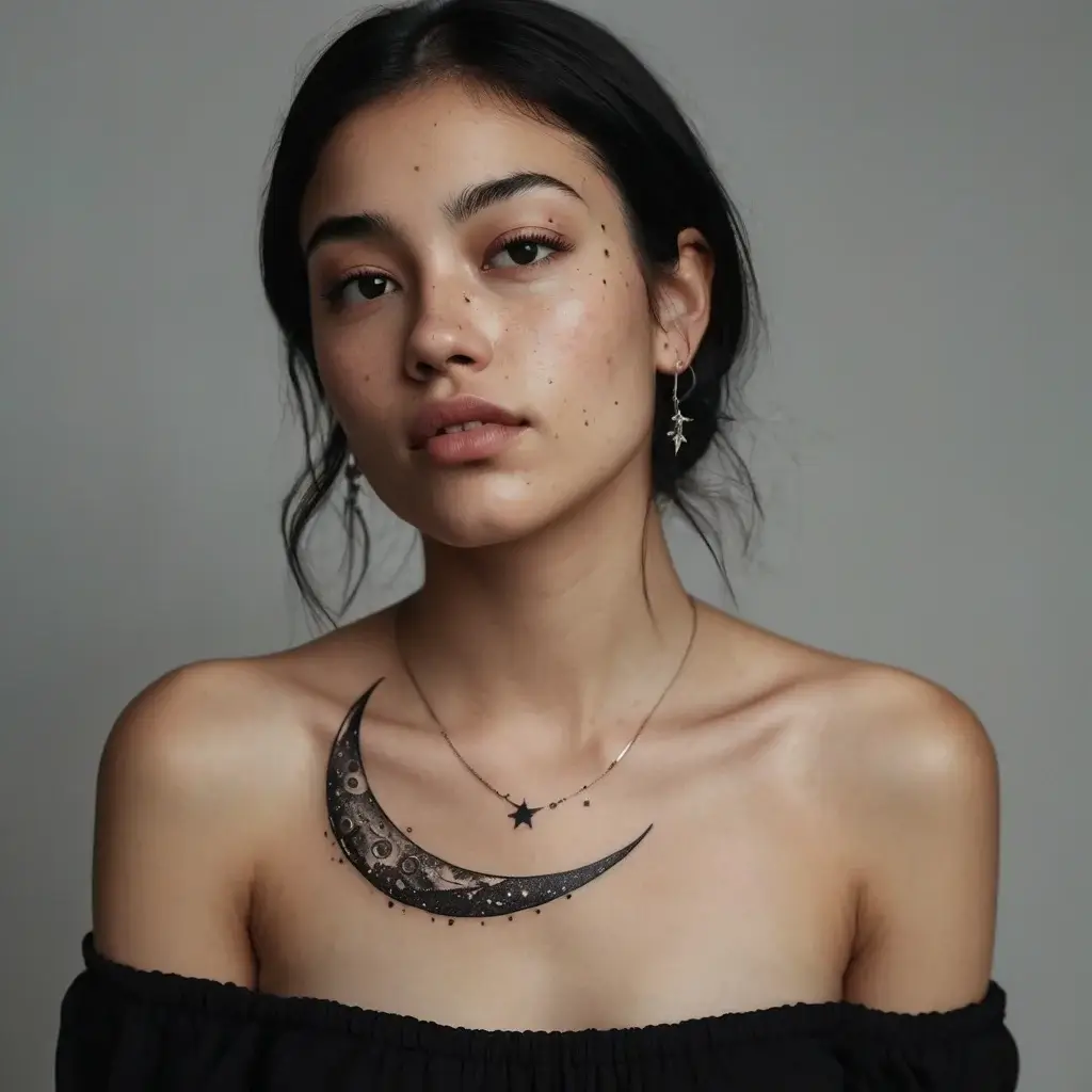 Crescent moon tattoo on collarbone with intricate detailing, paired with tiny stars, creating a celestial theme.