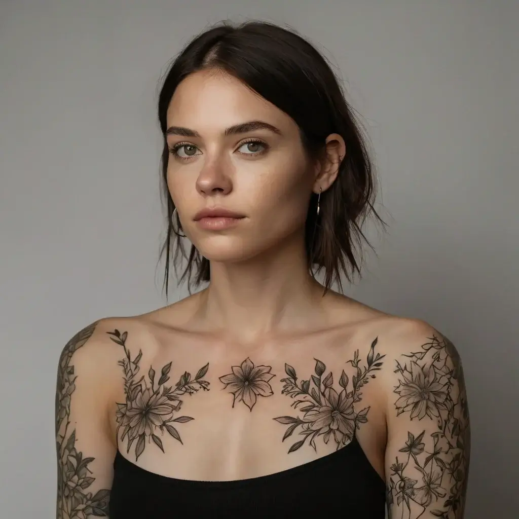 Elegant floral tattoos with intricate linework span the collarbone and arms, featuring blossoms and delicate leaves.