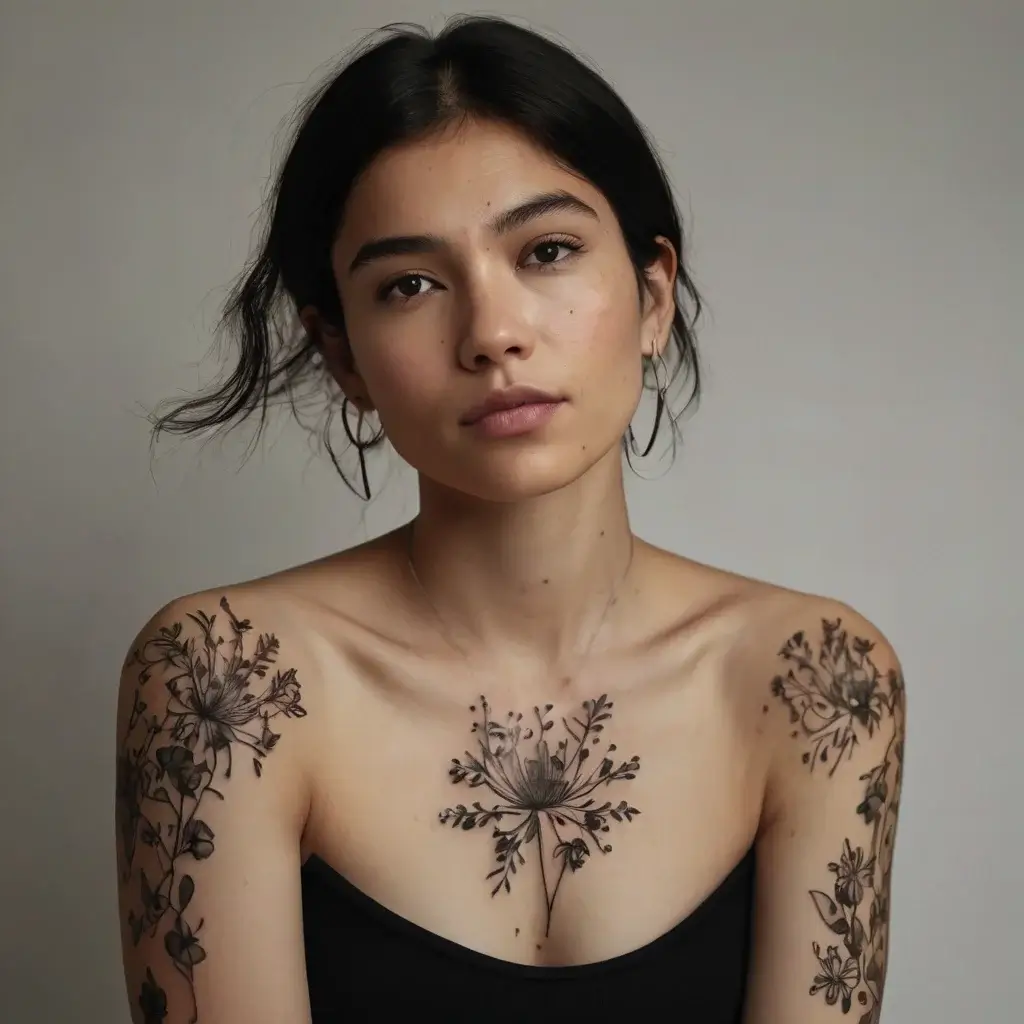 Ornate floral tattoos featuring delicate wildflowers on shoulders and chest, blending elegance with natural beauty.