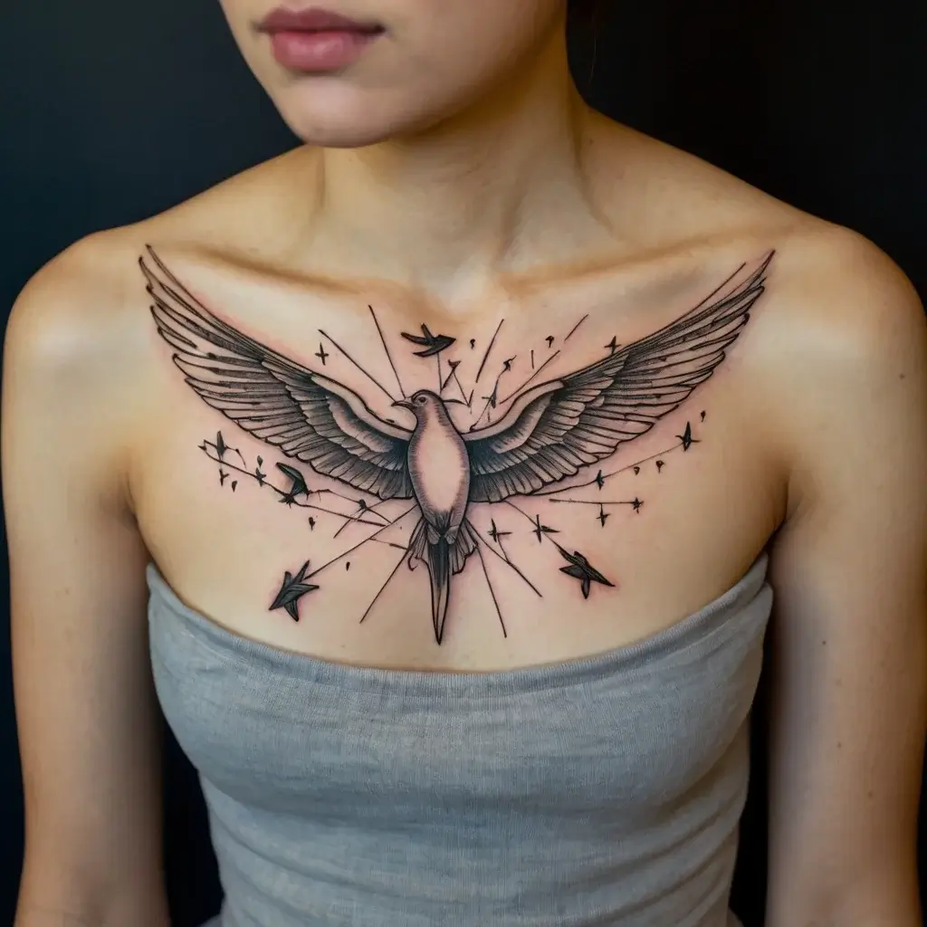 Chest tattoo of a stylized dove with spread wings, surrounded by smaller birds and abstract line accents.