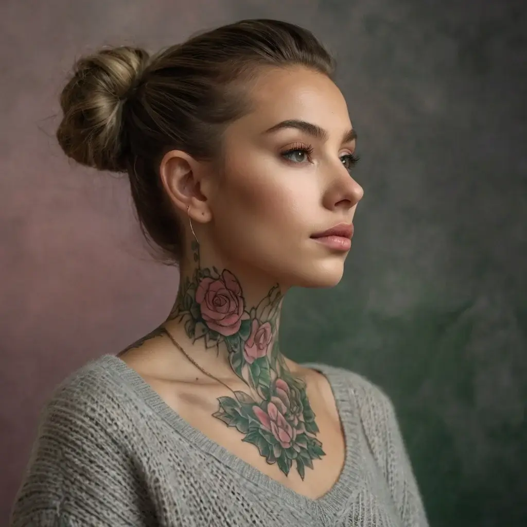 Neck tattoo featuring intricate pink roses and green leaves, creating an elegant and natural look.