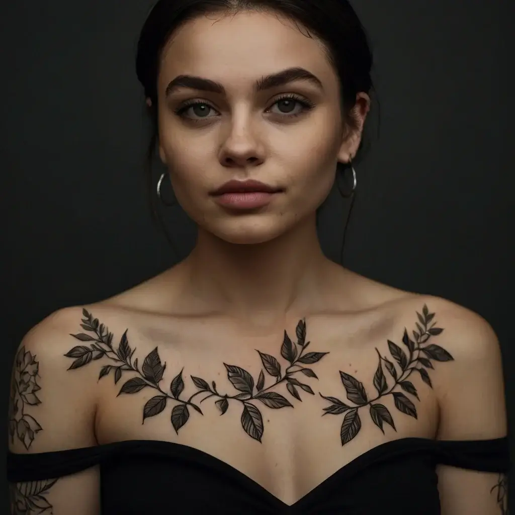 Elegant collarbone tattoo featuring delicate, symmetrical foliage vines extending across the shoulders, enhancing grace.