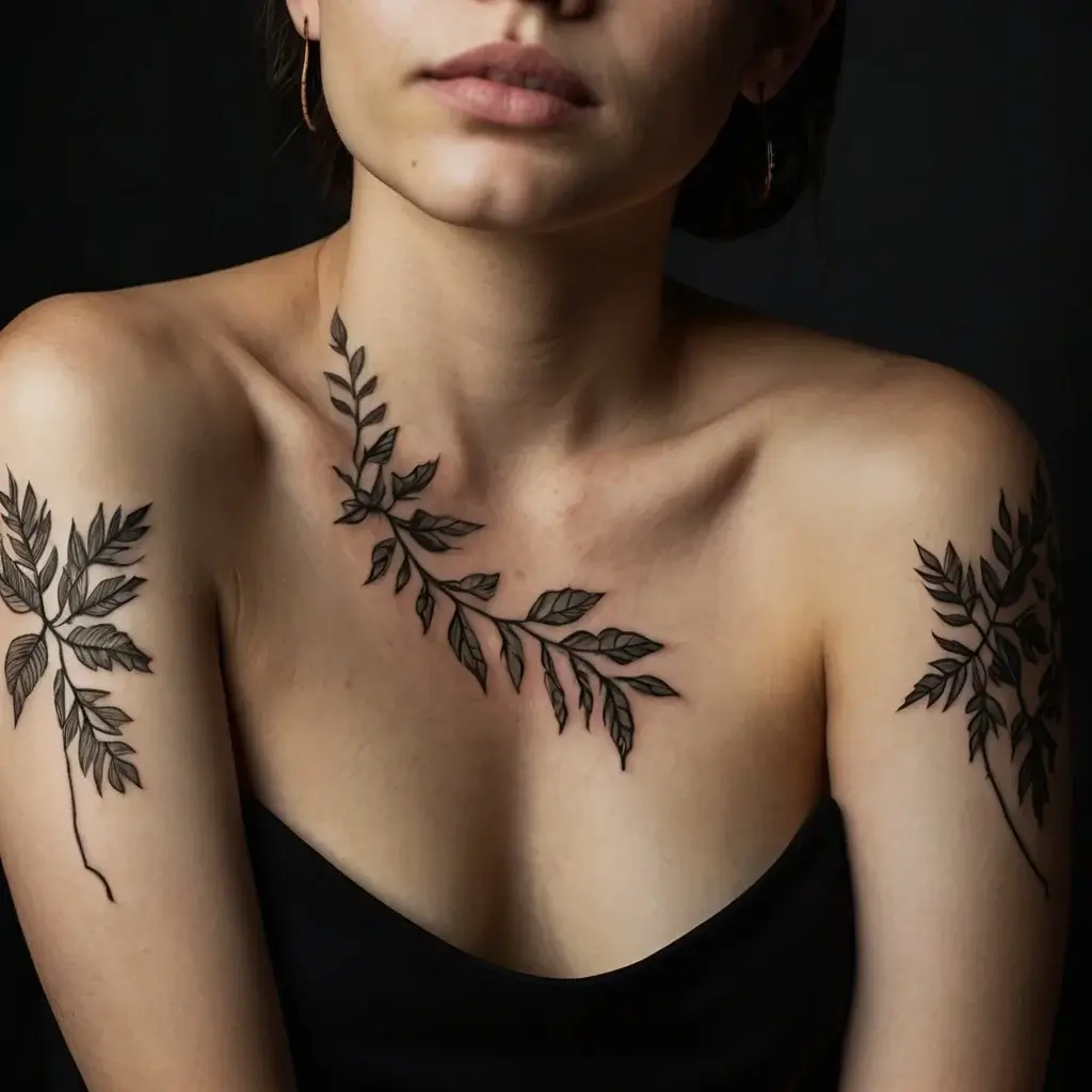 Ornate blackwork plant tattoos with delicate leaves adorn shoulders and collarbone, creating an elegant, symmetrical design.