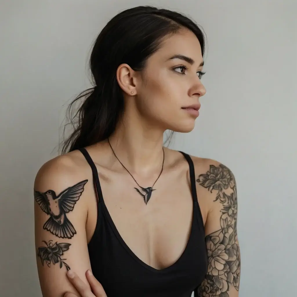 Woman with tattoos of a flying hummingbird on shoulder and delicate floral designs on her upper arm, in black ink.