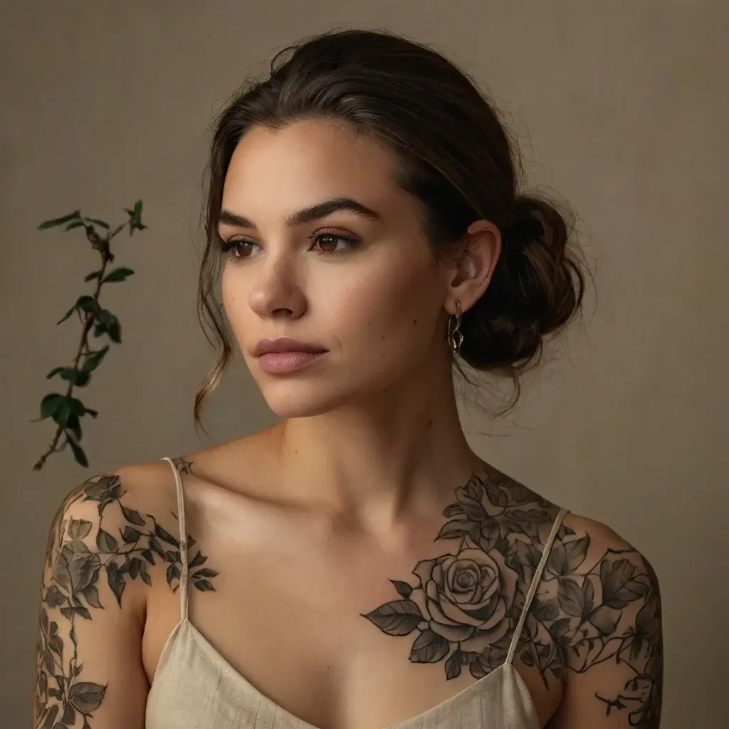 Elegant black and gray tattoo of roses and leaves on shoulder and chest, showcasing intricate shading and delicate details.