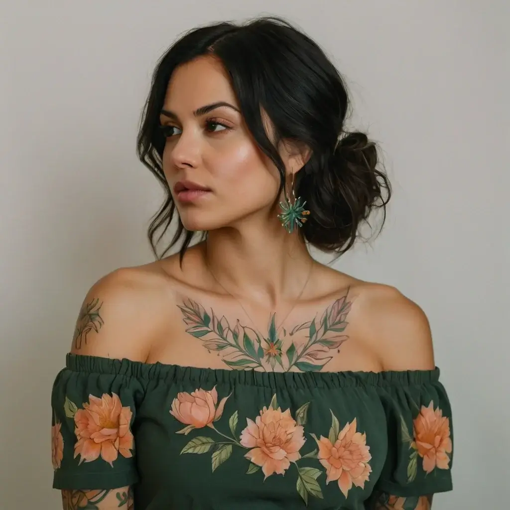 Woman with an elegant floral tattoo on chest and shoulder, featuring lush leaves and blossoms, in a harmonious, flowing style.