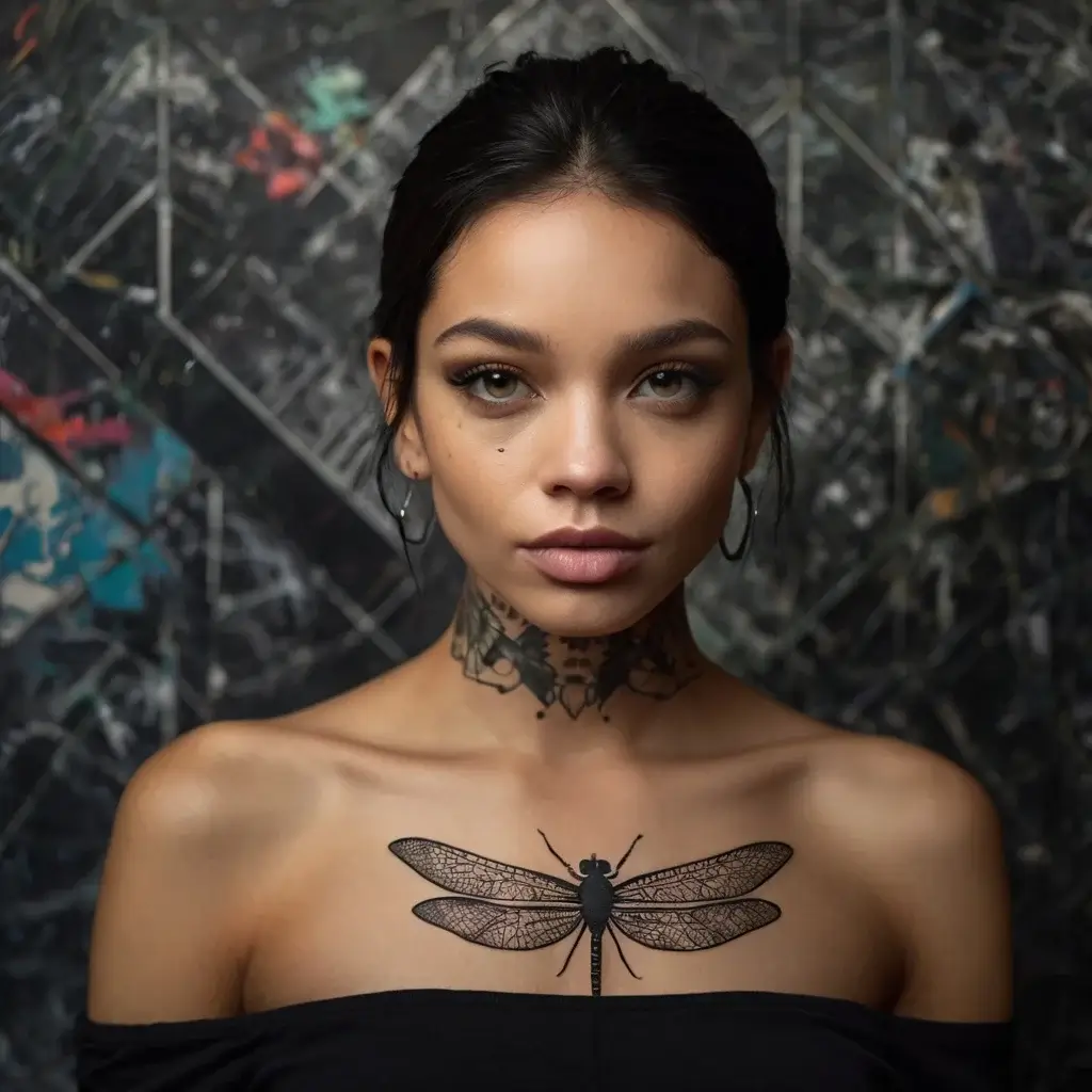 A detailed dragonfly chest tattoo with intricate wing designs, paired with a floral lace neck tattoo, creating a striking contrast.