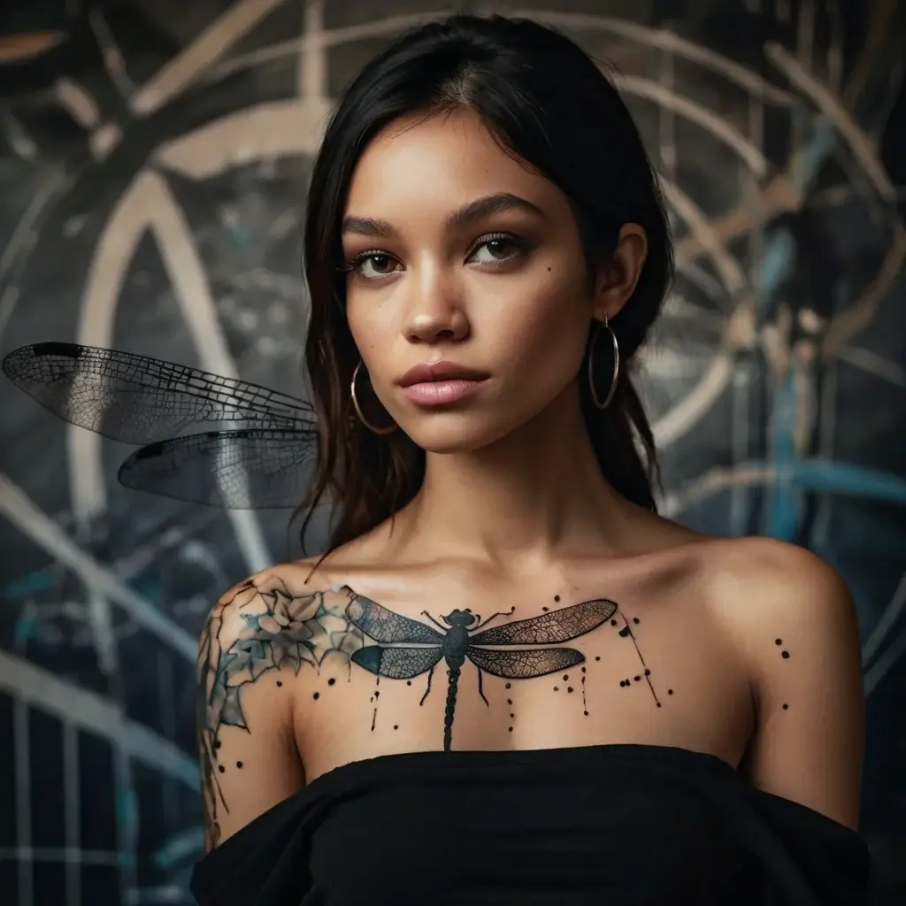 Intricate dragonfly tattoo across collarbone, blending into floral patterns with dotwork details on the shoulder.