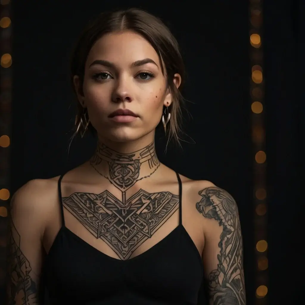 Intricate geometric and Nordic-inspired tattoos adorn neck and arms, blending Celtic knots with modern tribal patterns.