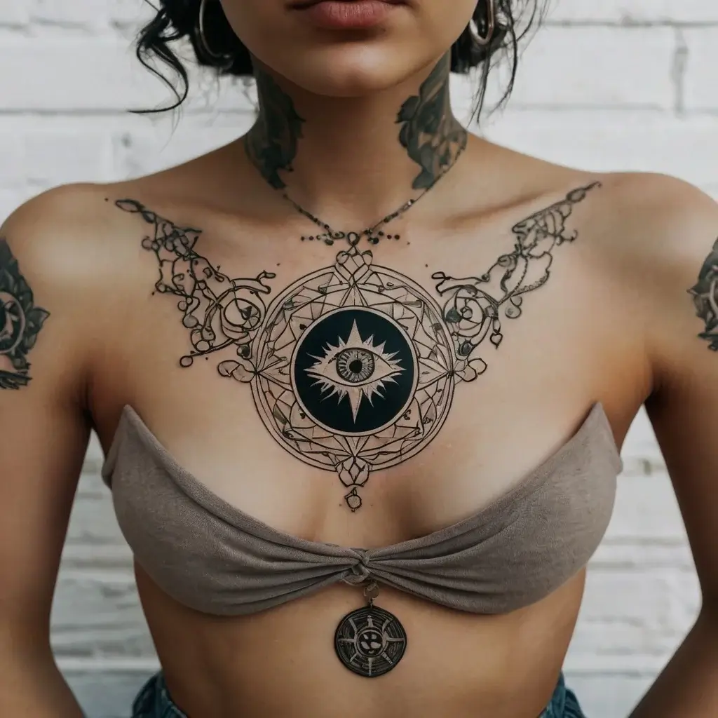 Ornate mandala chest tattoo with a central eye, intricate linework, and symmetrical flourishes extending over shoulders.