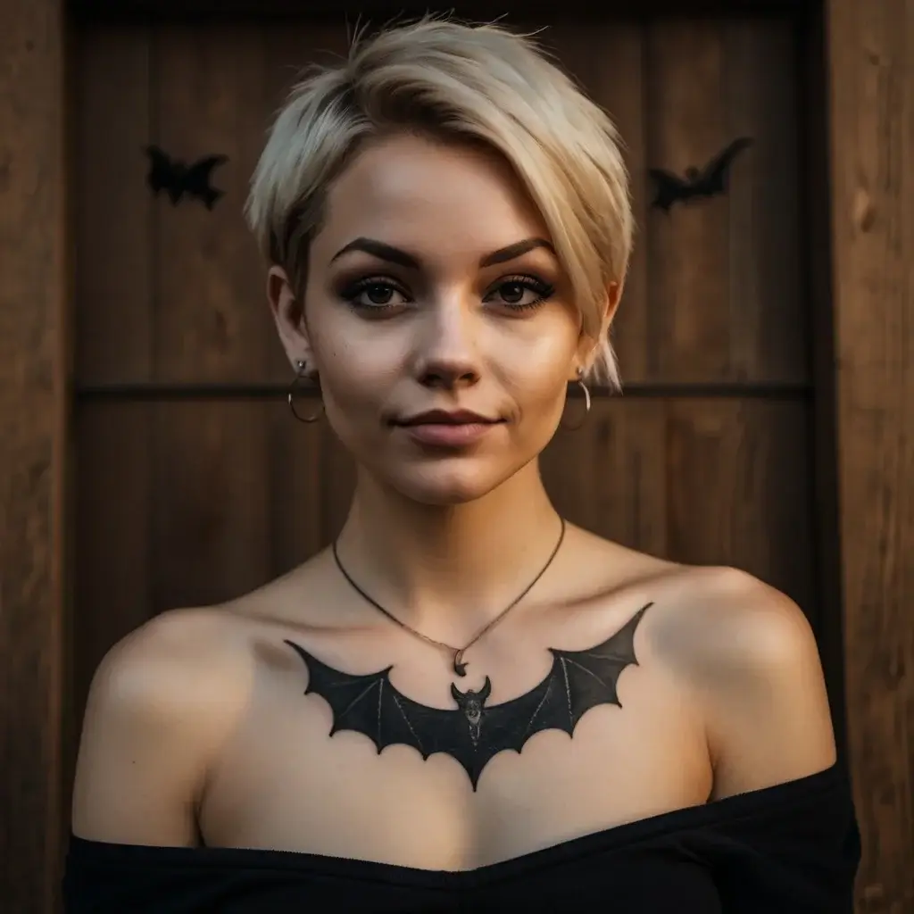 Tattoo of a stylized black bat with outstretched wings across the upper chest, featuring an intricate face detail.