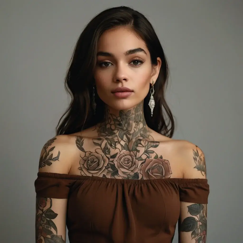 Woman with a detailed floral tattoo featuring roses and leaves covering her neck, chest, and shoulders.