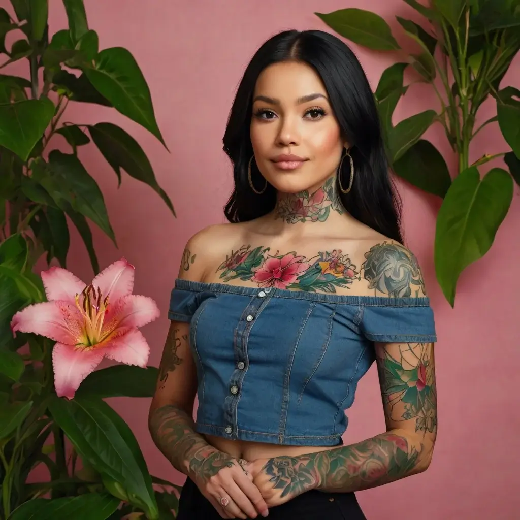 Woman with vibrant floral tattoos on neck, shoulders, and arms, featuring lilies and foliage, wearing a denim top.