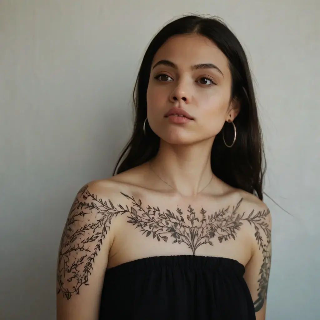 Intricate botanical tattoo across shoulders and chest, featuring delicate, sprawling branches and leaves.