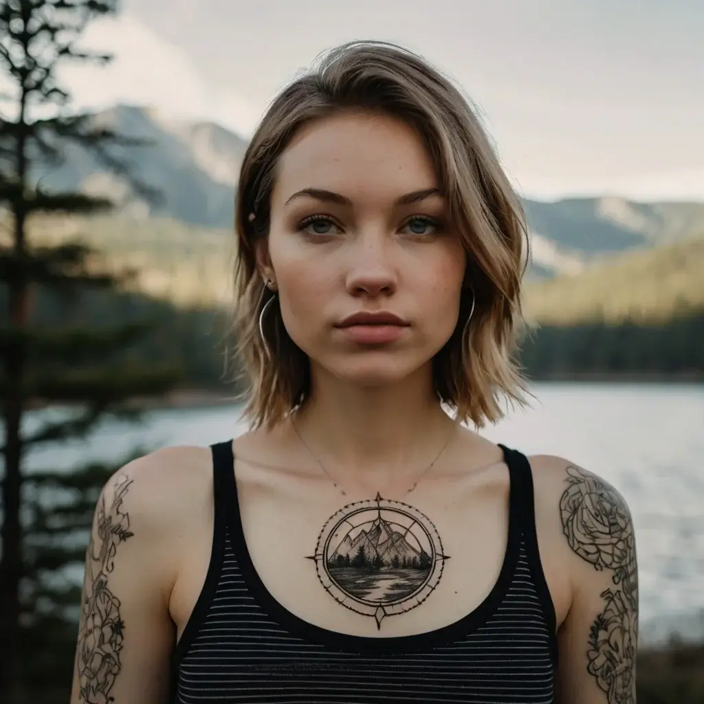 Chest tattoo of a compass with a mountain landscape inside, featuring trees and a lake. Arm tattoos of floral designs.