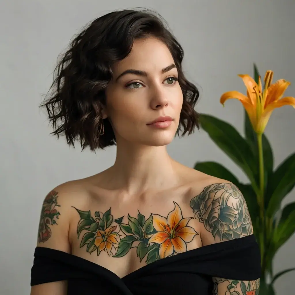 Woman's shoulder and chest adorned with vibrant orange lilies and green leaves tattoo, showcasing intricate floral details.