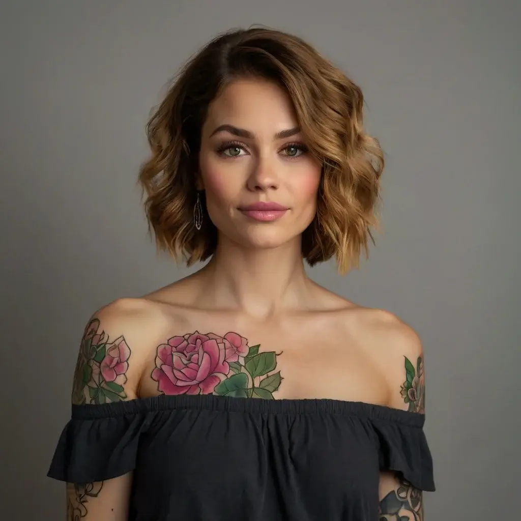 Upper chest features vivid pink and green floral tattoos, showcasing large, detailed roses and leaves.