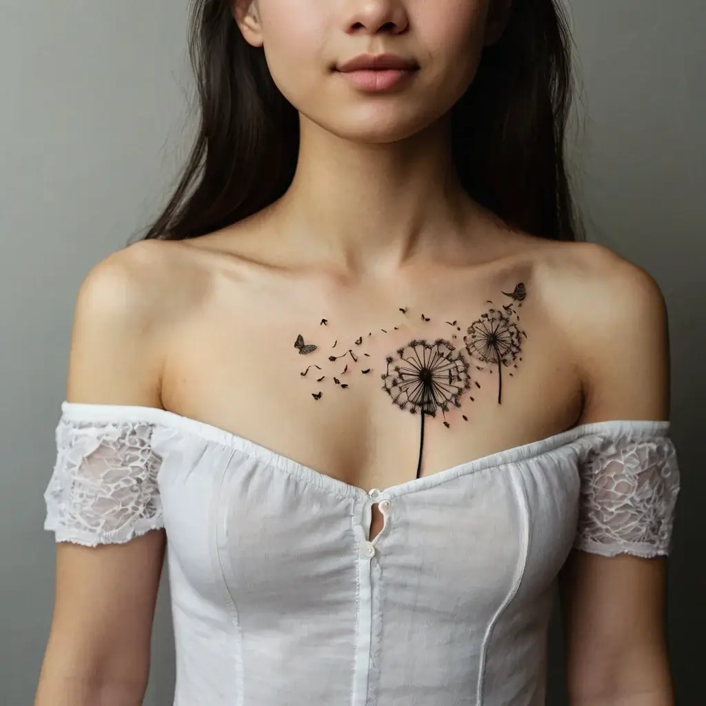 Delicate dandelion puff tattoos on the chest, seeds transforming into butterflies, symbolizing freedom and transformation.