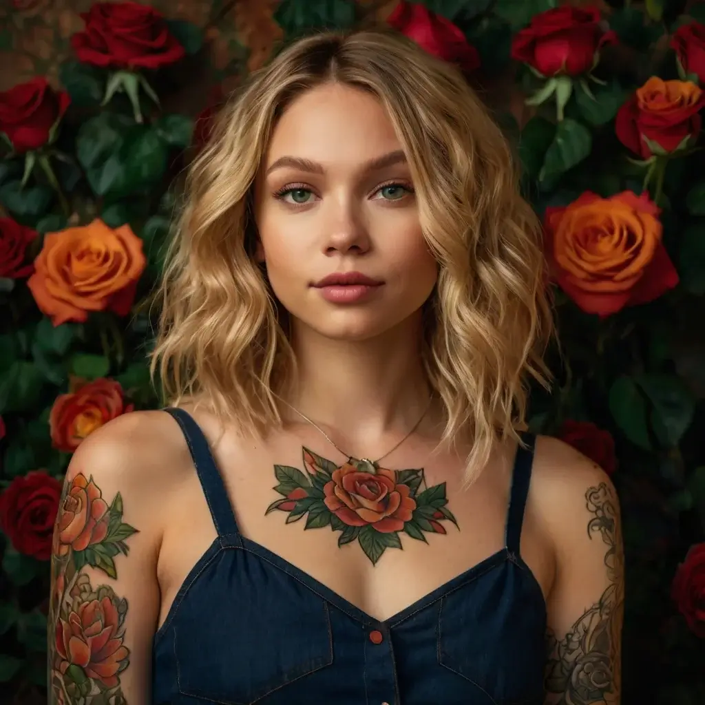 Chest tattoo featuring a detailed orange rose with green leaves, complemented by similar arm tattoos.