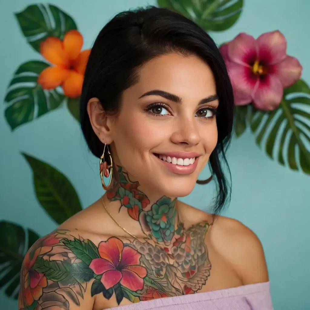 A vibrant floral tattoo with hibiscus and leaves covers the shoulder and neck, blending tropical hues and intricate detail.