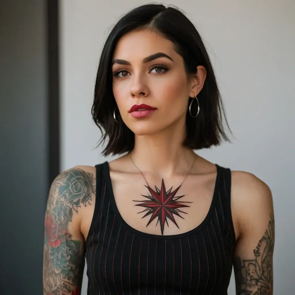 A vibrant, geometric starburst tattoo in red and black on her chest, complemented by intricate floral arm designs.