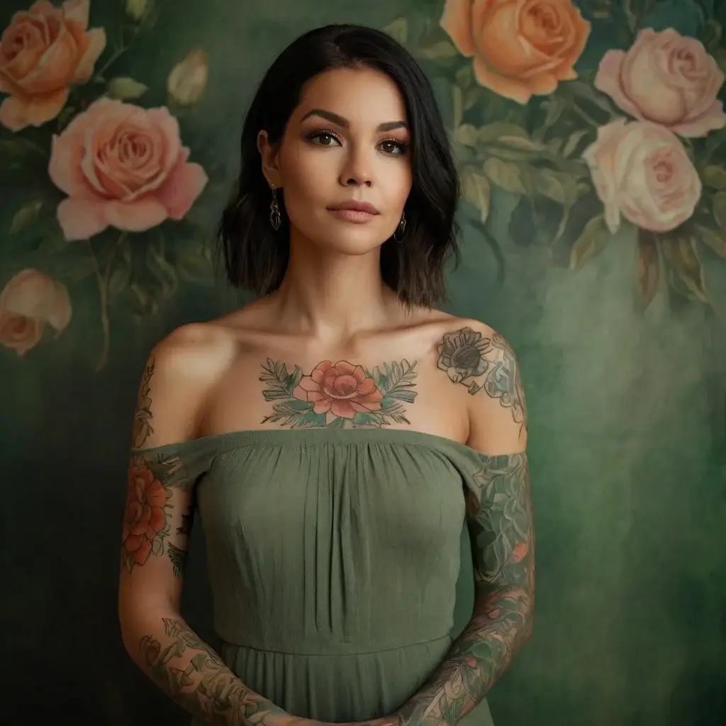 Woman with vibrant floral tattoos on chest and arms, featuring large red and orange roses, against a floral backdrop.