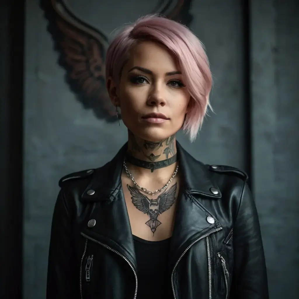 Woman with a tattoo of a winged skull on her chest, detailed floral neck ink, wearing a leather jacket and choker.