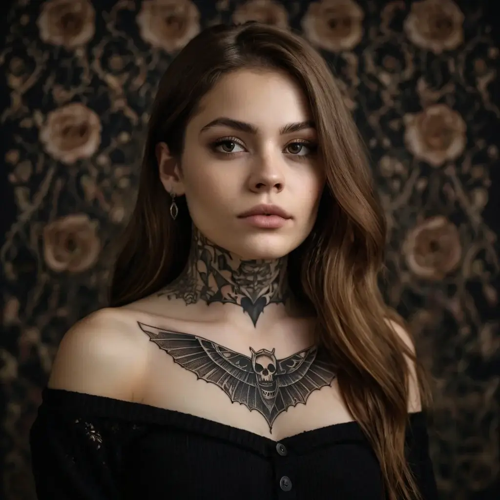 A detailed tattoo design featuring a bat with spread wings and a skull on the chest, and floral patterns around the neck.