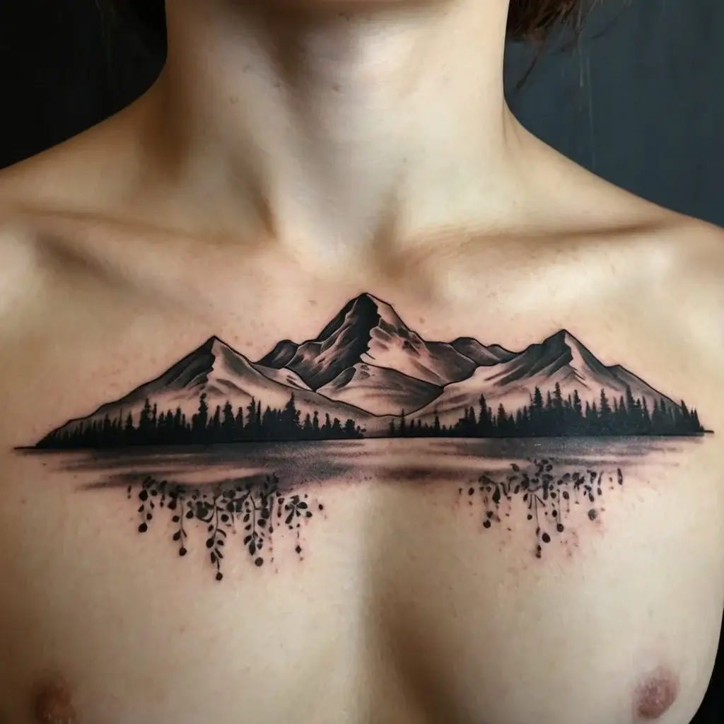 Chest tattoo of a mountain range with pine trees, mirrored below with dotwork detailing for a reflection effect.