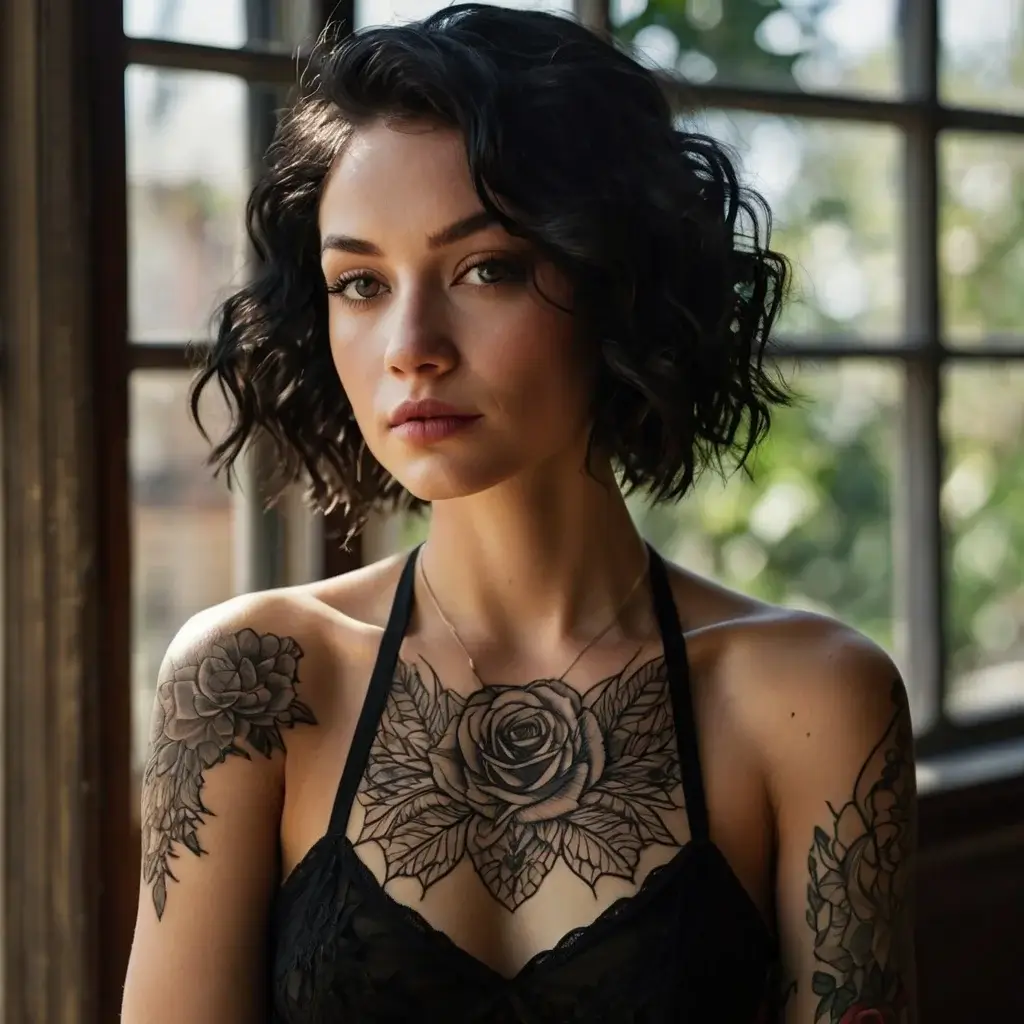 Black ink floral tattoos of roses and leaves adorn the chest and shoulders, showcasing intricate linework and shading.