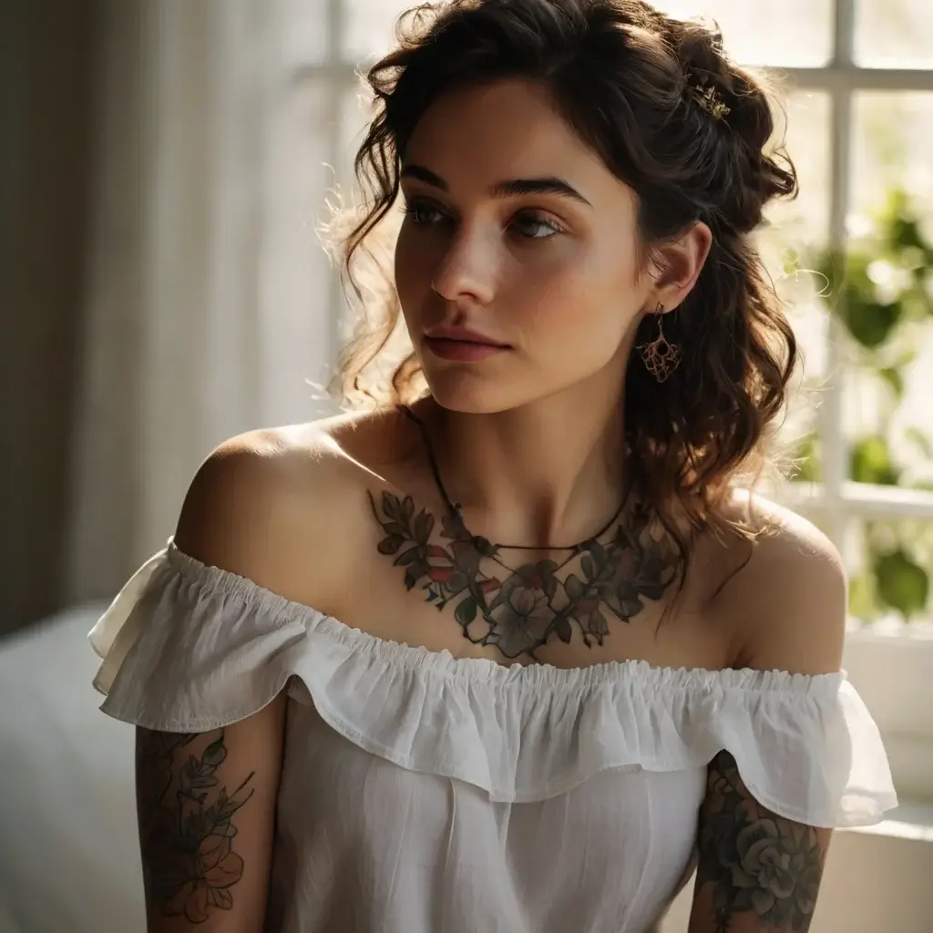 Woman with intricate floral collar tattoo on neck and floral designs on arms, wearing off-shoulder white top.