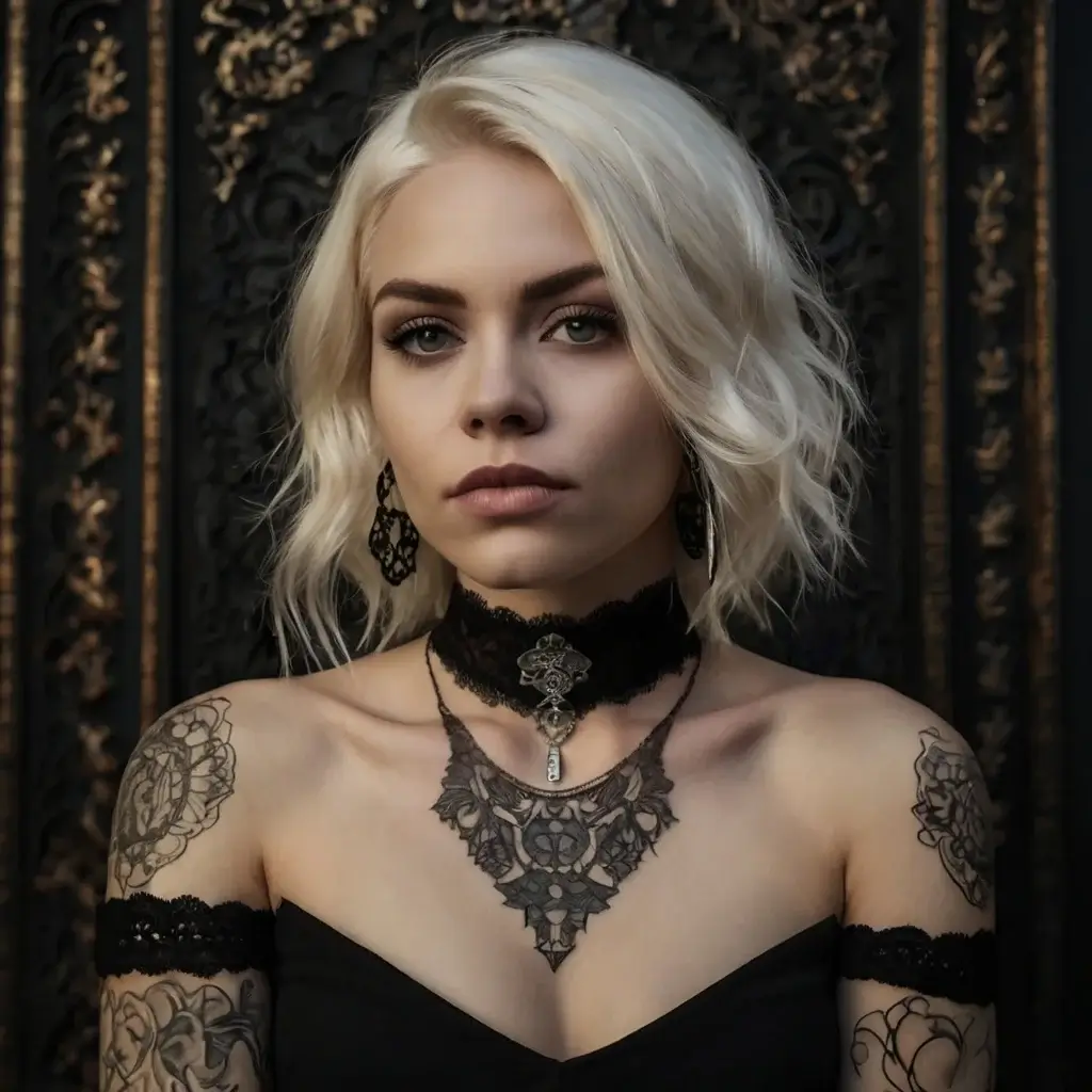 Intricate lace tattoo with floral motifs on shoulders and arms, complementing a lace choker collar design.