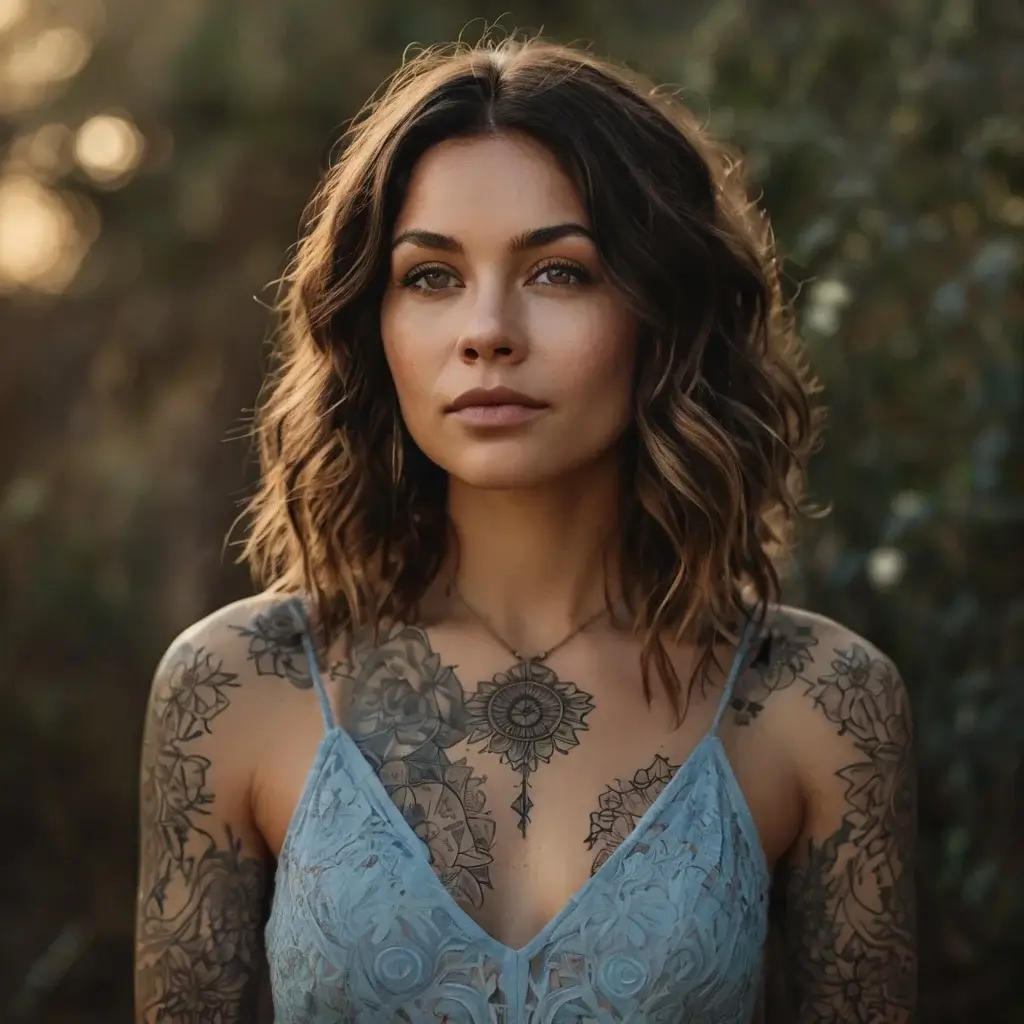 A woman with intricate floral tattoos on her chest and arms, featuring mandala and botanical designs in fine detail.