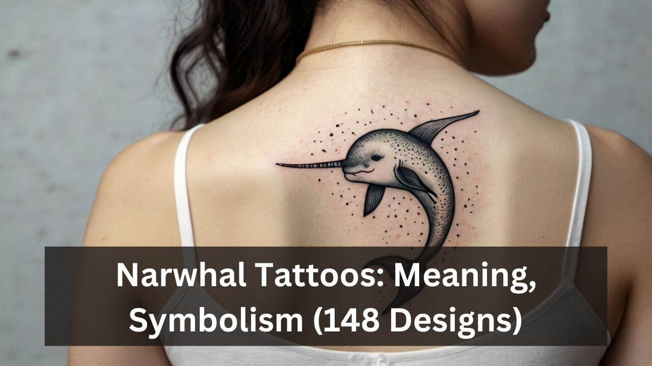 Tattoo of a majestic narwhal on back, with stippling effects, symbolizing mystery and uniqueness in nature.