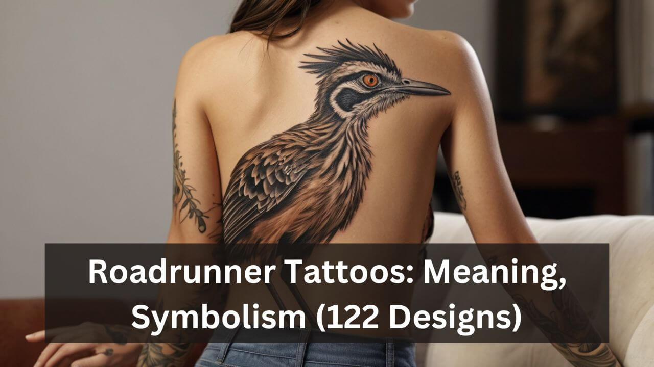 Realistic roadrunner tattoo on back, detailed feathers, vibrant eye, symbolizing speed and agility.