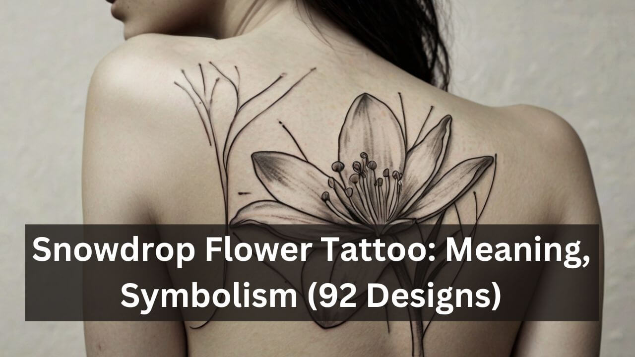 Detailed snowdrop tattoo on back, showcasing delicate petals and fine lines, symbolizing hope and rebirth.