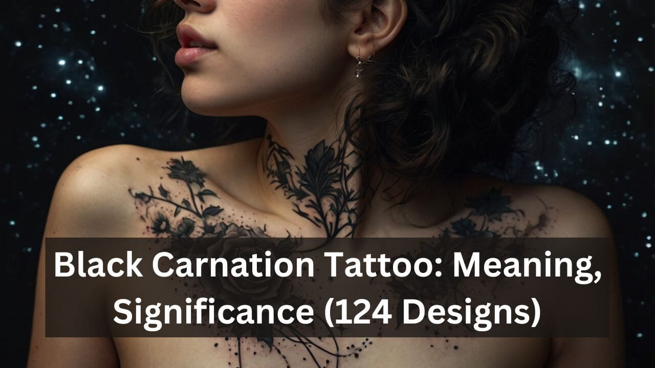 Black carnation tattoos and leaves flow from the shoulder to the neck, blending elegance with an air of mystery.