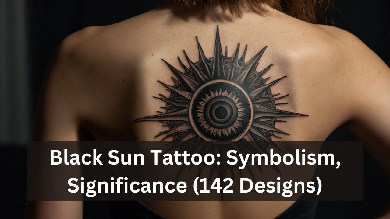 A detailed black sun tattoo with intricate rays and a central mandala, symbolizing power and mystery on the back.